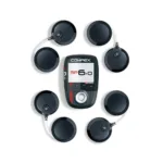Compex Sport 6.0 kaugjuhtimispult ja juhtmevabad moodulid elektroodidega valgel taustal