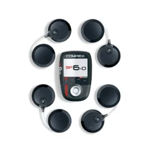 Compex Sport 6.0 kaugjuhtimispult ja juhtmevabad moodulid elektroodidega valgel taustal