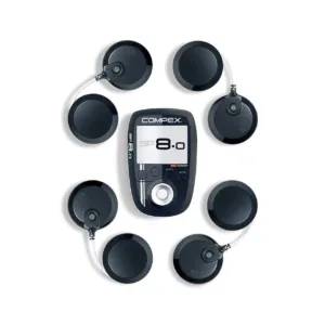 Compex Sport 8.0 kaugjuhtimispult ja neli juhtmevaba stimulatsioonimoodulit elektroodidega