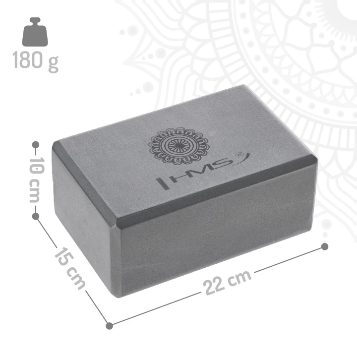 Joogakomplekt HMS – joogamatt TPE, plokk ja rihm a grey rectangular box with a size and measurements