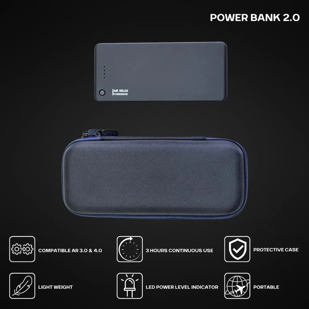 Air Relax Power Bank 2.0 akupakk ja kaitsekott: ühilduvus AR-3.0 ja AR-4.0, kuni 3 tundi, LED-näidik