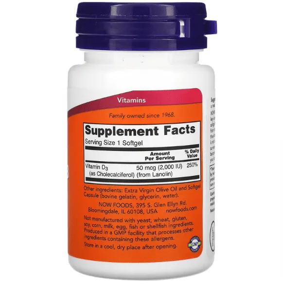 NOW Foods, Vitamin D-3, 50 mcg (2,000 IU), 30 Softgels (1) Now Foods, Vitamin D3 High Potency (Vitamiin D3), 50 mcg (2000 IU), 30 geelkapslit - Image 2