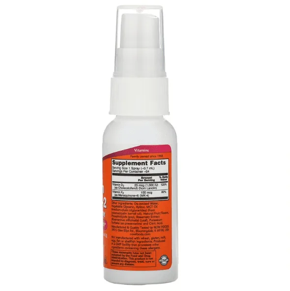 NOW Foods, Vitamin D-3 & K-2, Liposomal Spray, 2 fl oz (59 ml) (1) vitamiin d3 liposoomne sprei spetsifikatsioon