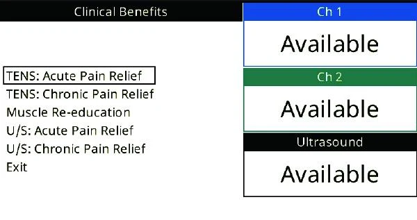Intelect Transport 2 ekraan Clinical Benefits menüüga, eelseadistatud raviprogrammid