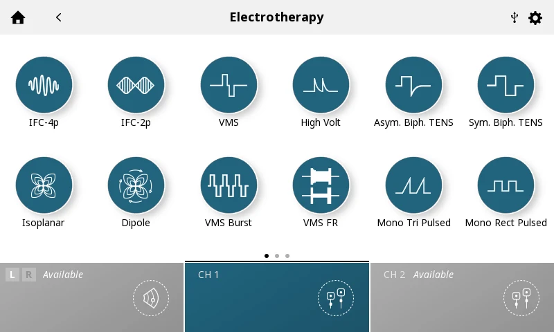 Intelect Mobile 2 Combo elektroteraapia menüü lainekujude ikoonidega, IFC, VMS, HVPC ja TENS