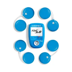 Compex Fit 5.0 juhtmevaba lihasstimulaator 4 mooduliga: pult ja neli moodulit valgel taustal