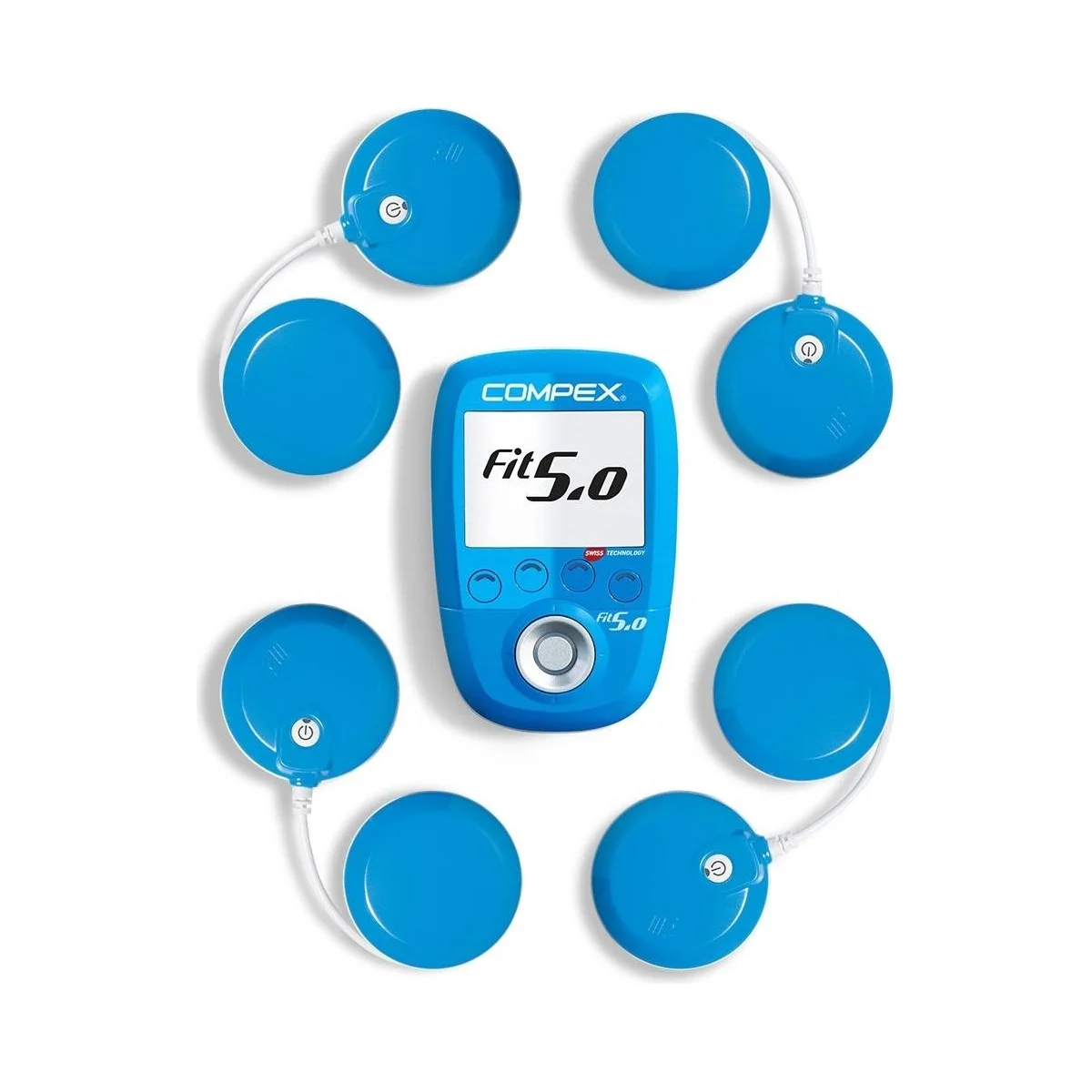 Compex Fit 5.0 4 mooduliga Compex Fit 5.0 juhtmevaba lihasstimulaator 4 mooduliga: pult ja neli moodulit valgel taustal