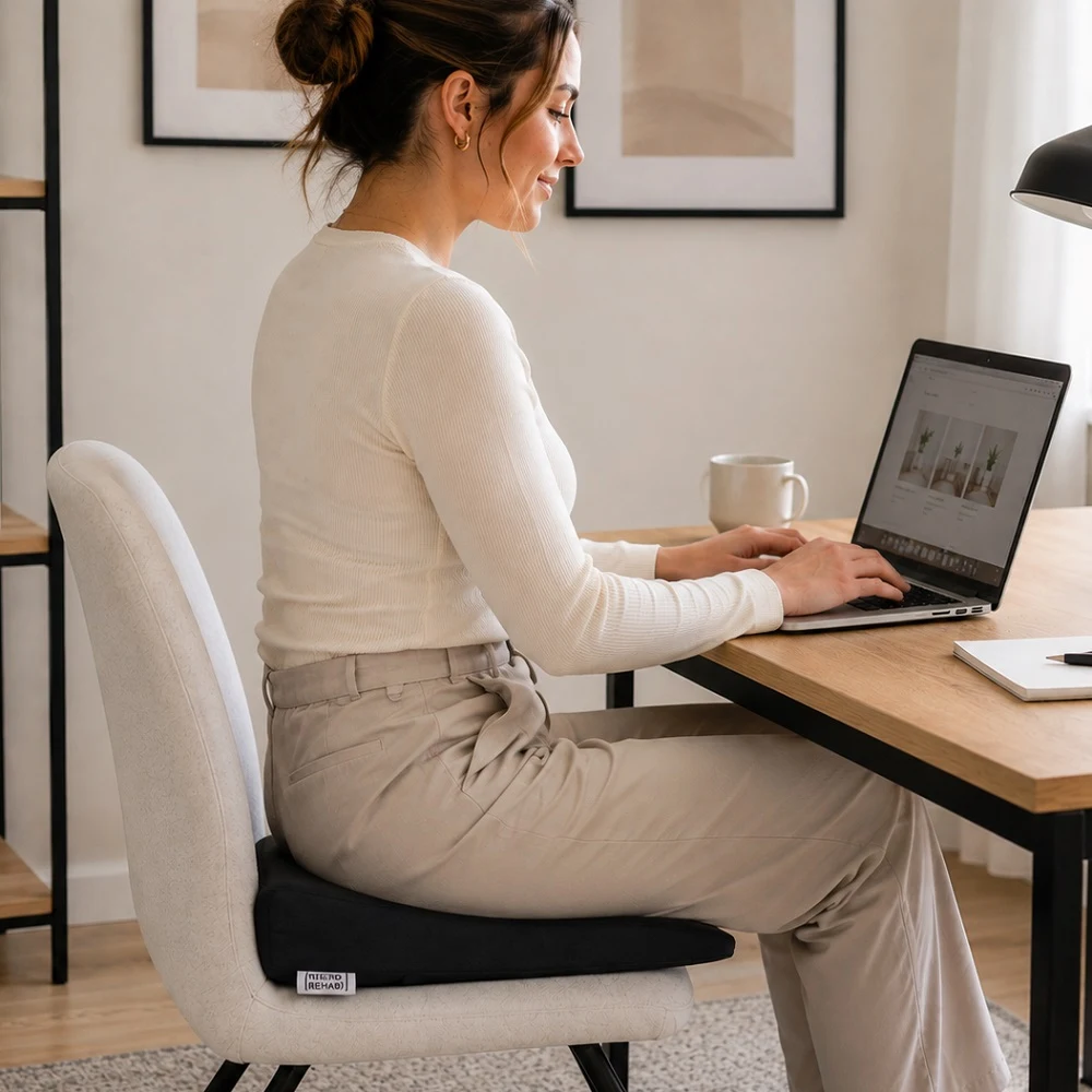 Istumisasend ergonoomilise padjaga kirjutuslaua taga