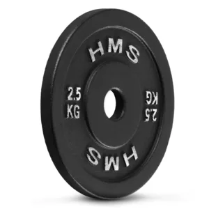 Musta TCN 2,5 kg raskusketta reljeefne HMS logo ja kaalutähis nurga alt