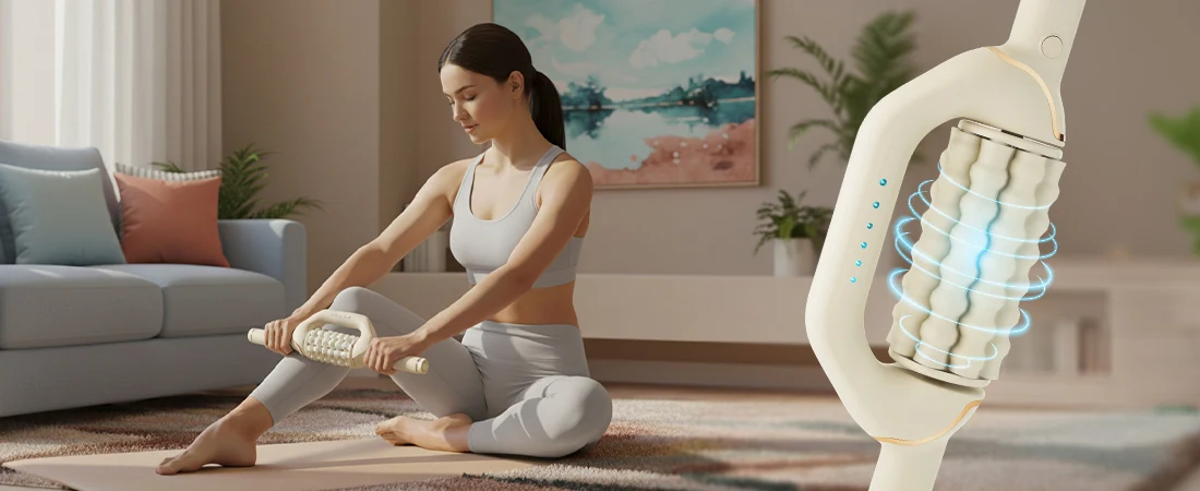 Bella Fit massaažirull reie masseerimisel ja pöörlev rullik lähivaates