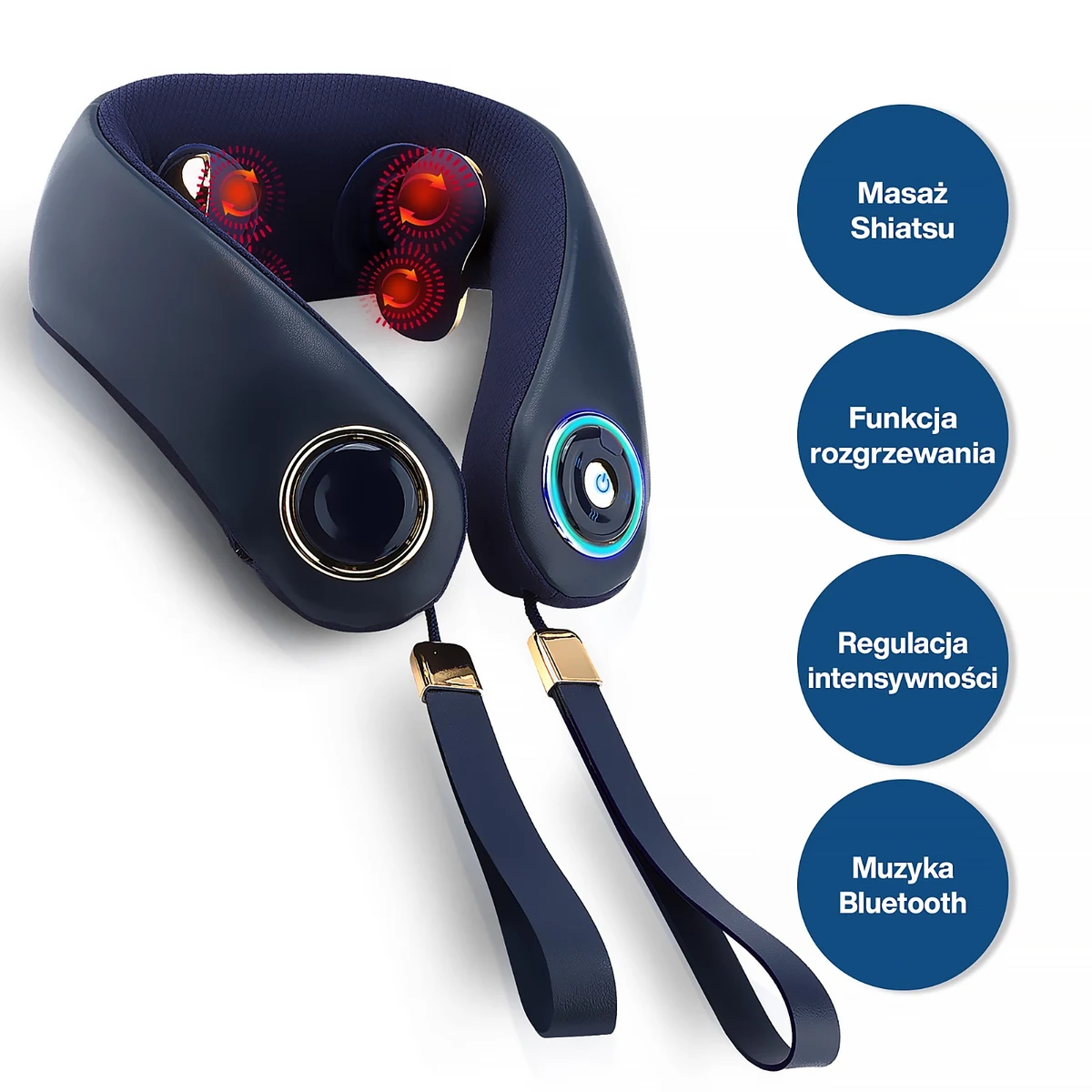 Collar Grand infograafik: shiatsu, soojendus, intensiivsus ja Bluetooth-muusika