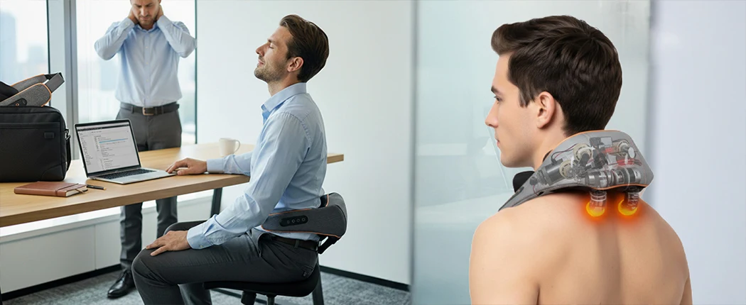 Kaelamasseerija kasutamine kontoris ja 3D FlexPress massaažipead kaelal