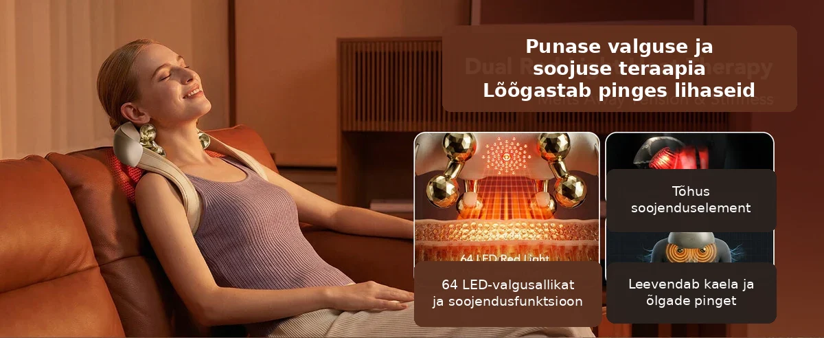 Naine lõõgastub diivanil, punavalguse ja soojenduskile skeemid kõrval