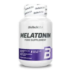 BioTechUSA melatoniin 1 mg, 90 tabletiga purk valgel taustal
