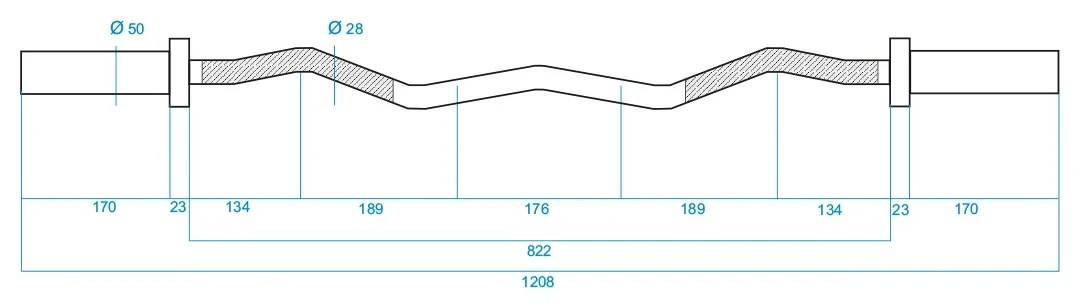 HMS GOL160 EZ-kangi mõõtjoonis: kogupikkus 1208 mm, laadimisosad 170 mm