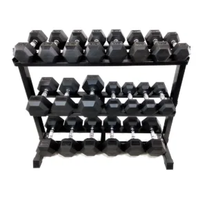 STRONGMAN HEX hantlite kaaluvalik 1–22,5 kg kolmekorruselisel riiulil eestvaates (riiul ei kuulu komplekti)