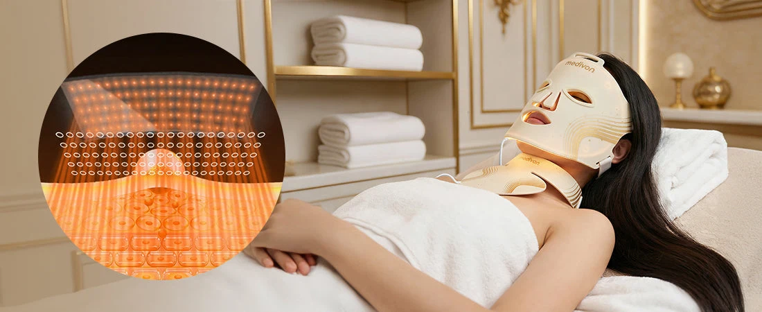 Lumi Max maski LED-moodulite lähivaade ja valguse jaotumine