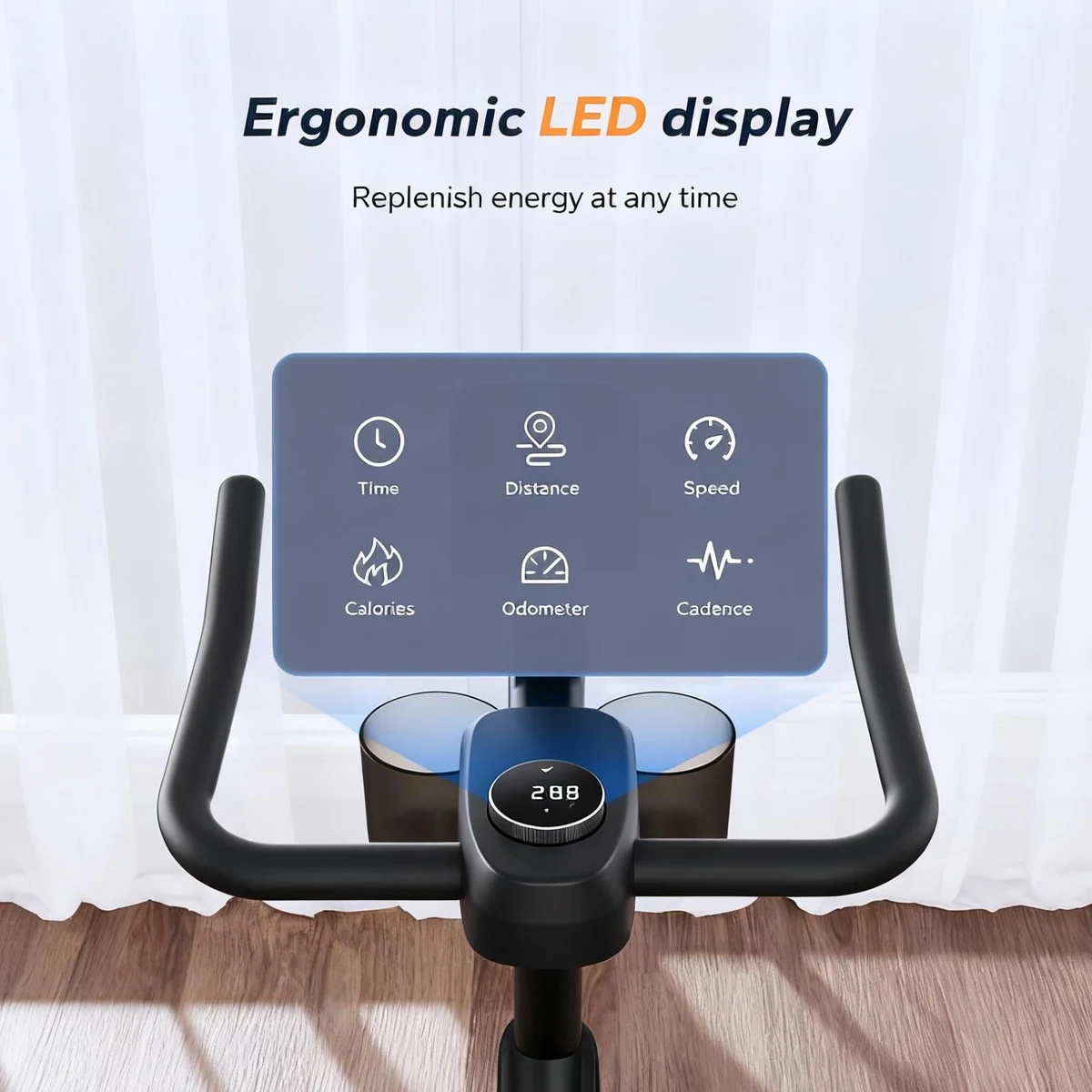 S26B2 LED-ekraani näidud: aeg, distants, kiirus, kalorid, läbisõit ja kadents