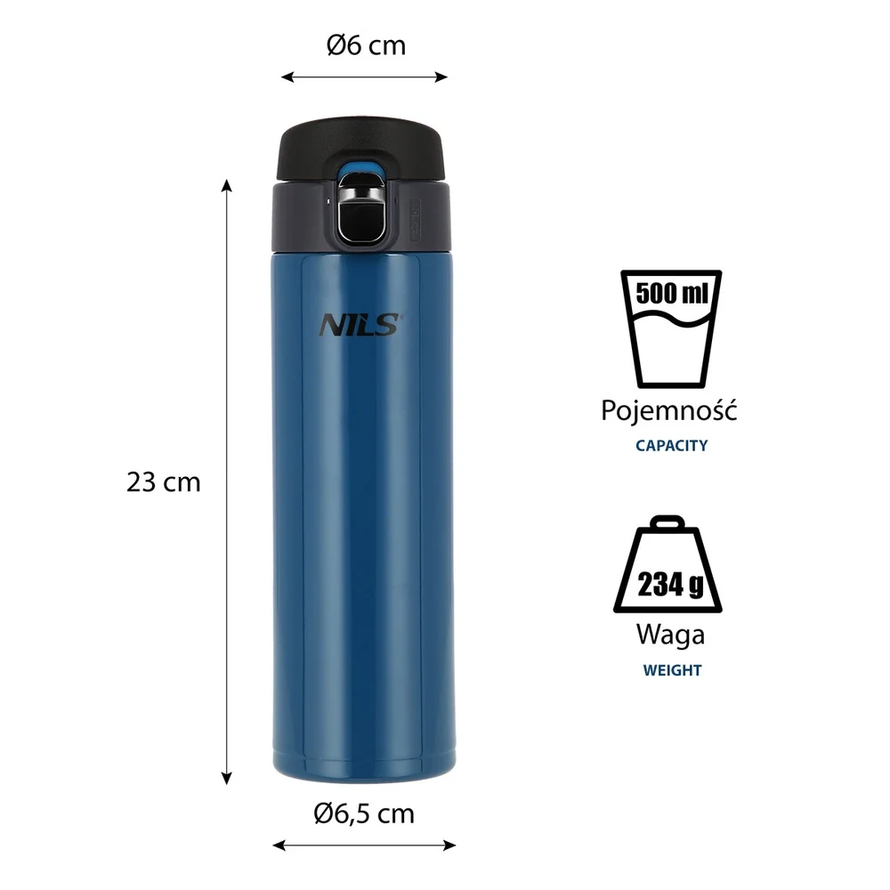 NILS NCB28 mõõdud: kõrgus 23 cm, läbimõõt 6–6,5 cm, maht 500 ml, kaal 234 g