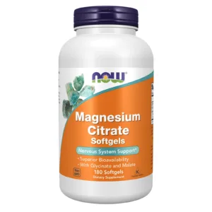 NOW Foods magneesiumtsitraat 180 geelkapslit, purgi esikülg valgel taustal
