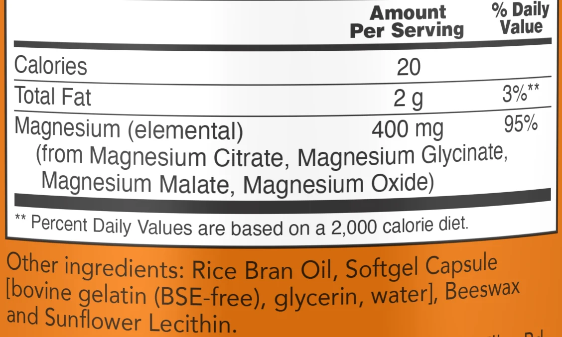 NOW etiketi toitumisalane teave: 3 geelkapslis 400 mg magneesiumi neljast ühendist