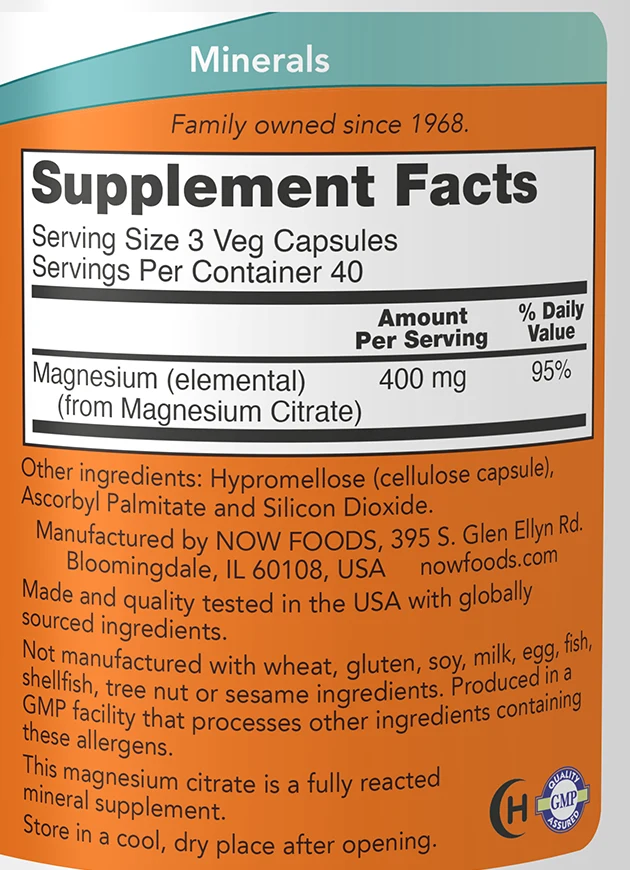 NOW magneesiumtsitraadi etiketi Supplement Facts tabel: 3 kapslit annavad 400 mg magneesiumi
