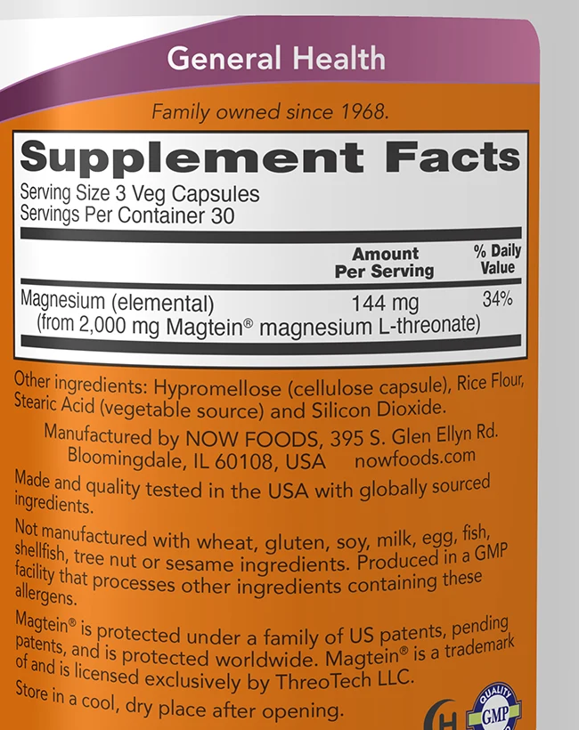 NOW Magtein etiketi Supplement Facts tabel: 3 kapslit annavad 144 mg magneesiumi