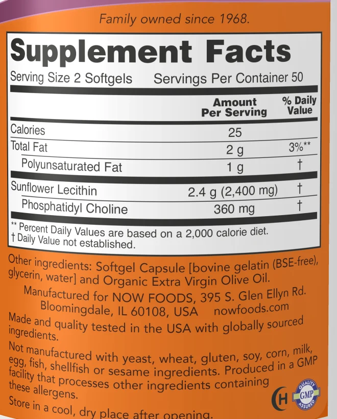 NOW päevalilleletsitiini etiketi Supplement Facts: 2 geelkapslit annavad 2400 mg letsitiini ja 360 mg fosfatidüülkoliini