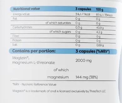 Osavi Magtein etiketi toitumisalane teave: 3 kapslis 2000 mg Magtein ja 144 mg magneesiumi