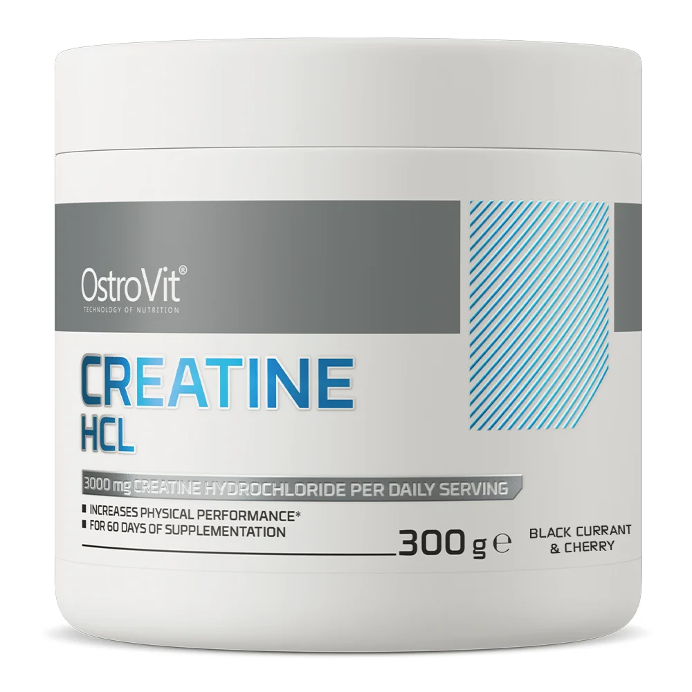 OstroVit kreatiin HCl 300 g, mustsõstra-kirsi maitse – 2845 OstroVit kreatiin HCl 300 g purk mustsõstra-kirsi maitse sildiga eestvaates