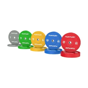 Raskuskettad TUNTURI Platinum Bumper Plate Colour, tootekood 25TUPLA-COLOUR – pilt 1: värvilised bumper-raskuskettad 5–25 kg valgel taustal