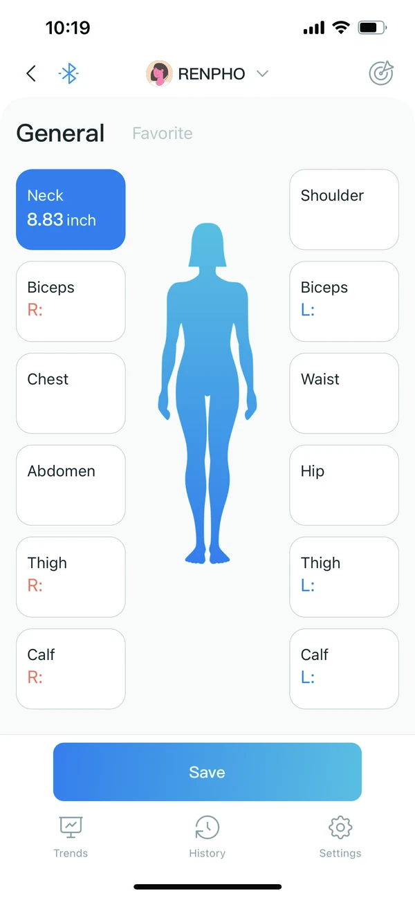 RENPHO Health rakenduse kehakaart 12 mõõtmispunktiga