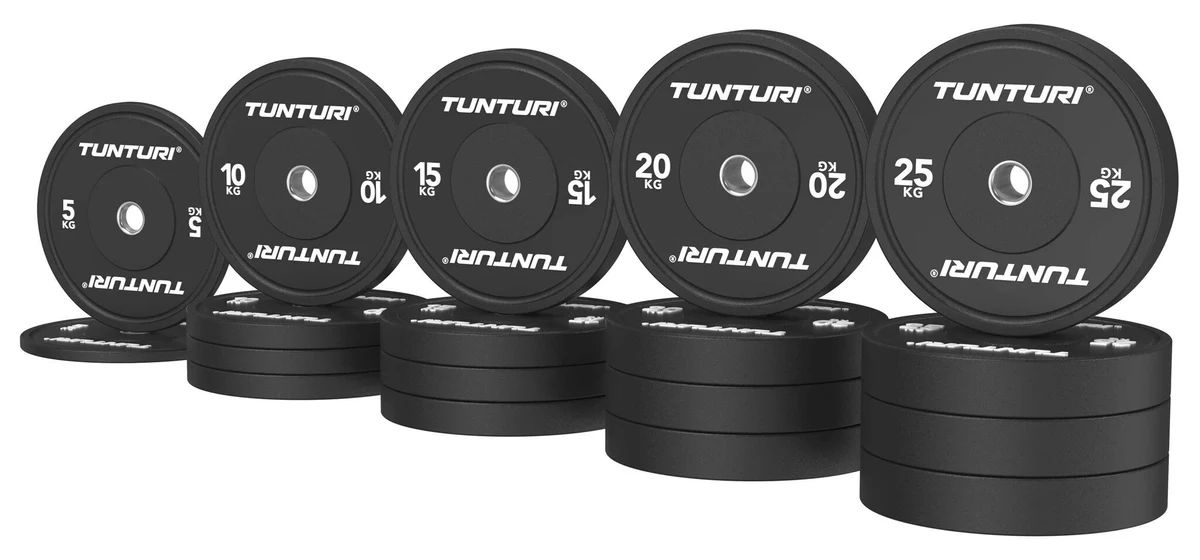 Mustad Tunturi Platinum bumper-kettad 5, 10, 15, 20 ja 25 kg kõrvuti ja virnas