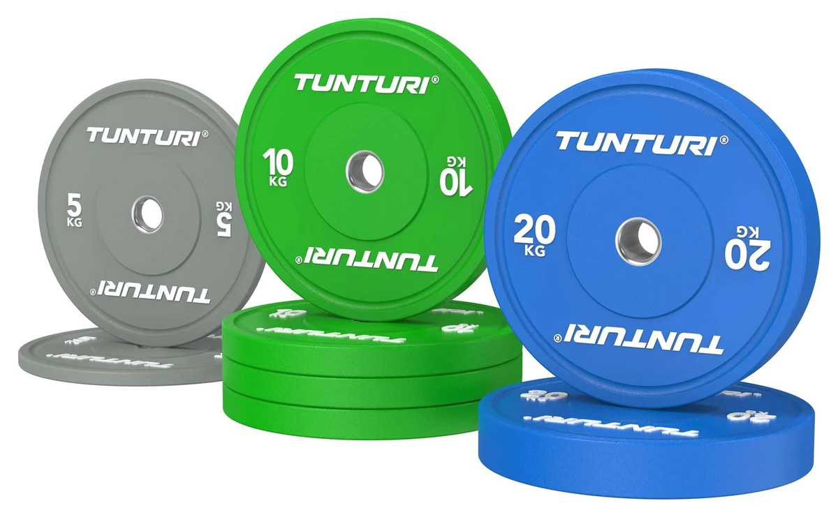 Tunturi Platinum värviliste bumper-ketaste 90 kg komplekt: hallid 5, rohelised 10 ja sinised 20 kg kettad