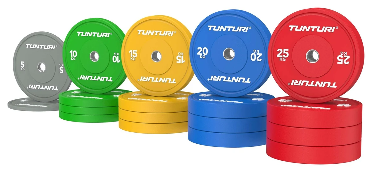 Värvilised Tunturi Platinum bumper-kettad: hall 5, roheline 10, kollane 15, sinine 20 ja punane 25 kg