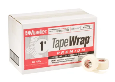 TapeWrap Premium kohesiivne teip, valge, 2,5 cm × 5,4 m — kast 48 rulli